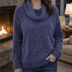 umgee USA brand Cowl Neck Cutout Tunic Sweater, Blue Chenille Knit, Size M